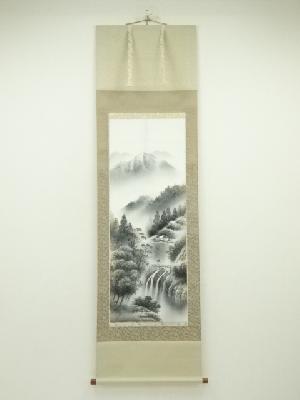 笹岡帆舟筆　水墨山水　肉筆絹本掛軸（共箱）